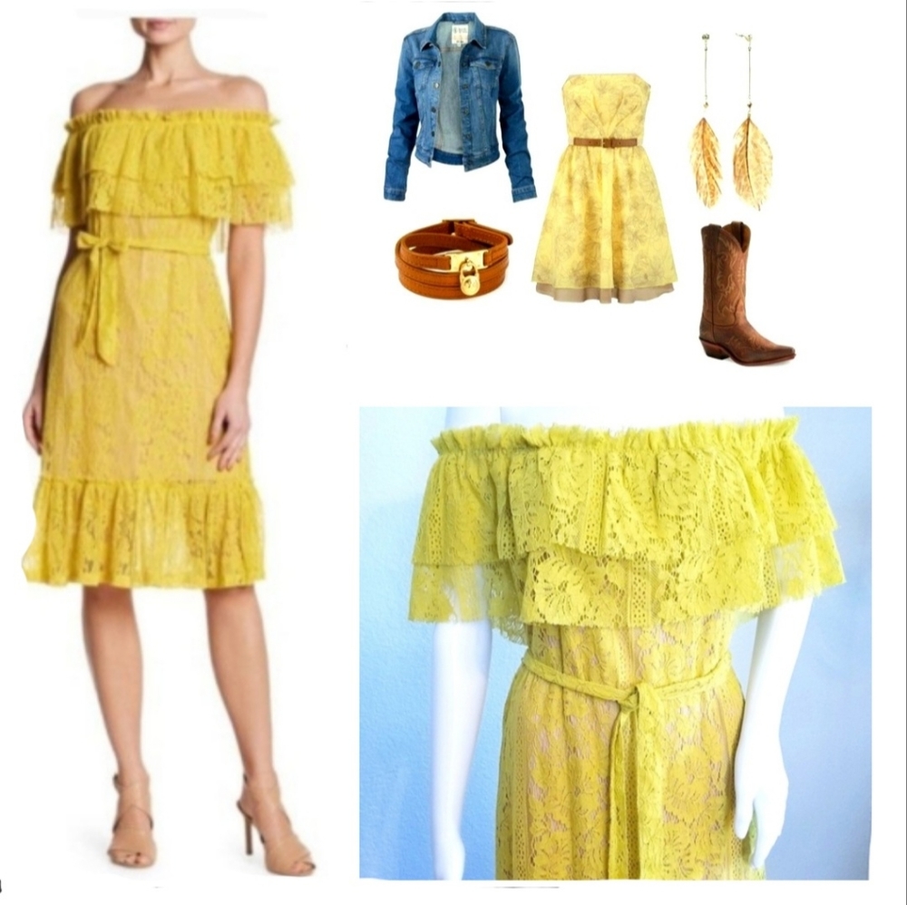 Yellow Sharagano Lace Off the Shoulder Dress  Lg NWT